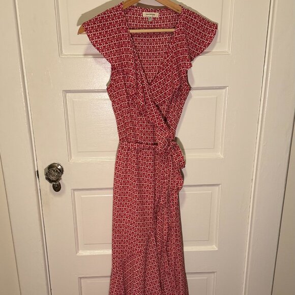 Max Studio Women's Ruffle Crepe High/Low Wrap Red and White Print Midi Dress - Picture 2 of 7